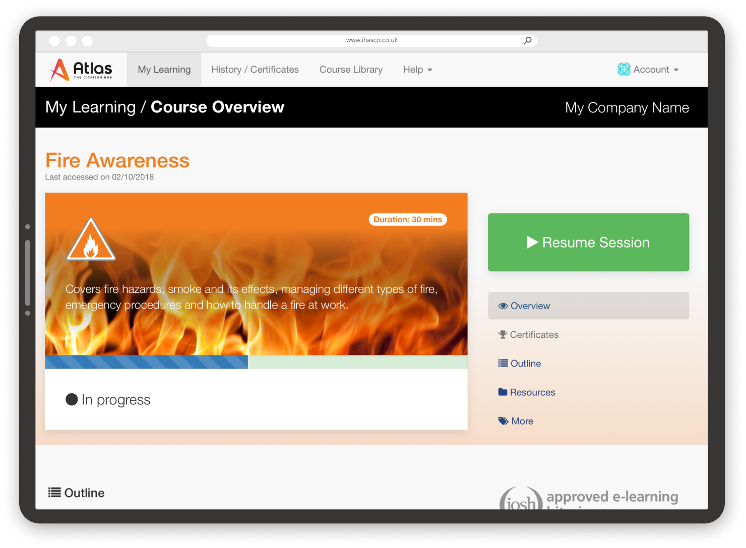 A grey tablet showcasing iHASCO's online Fire Awareness course